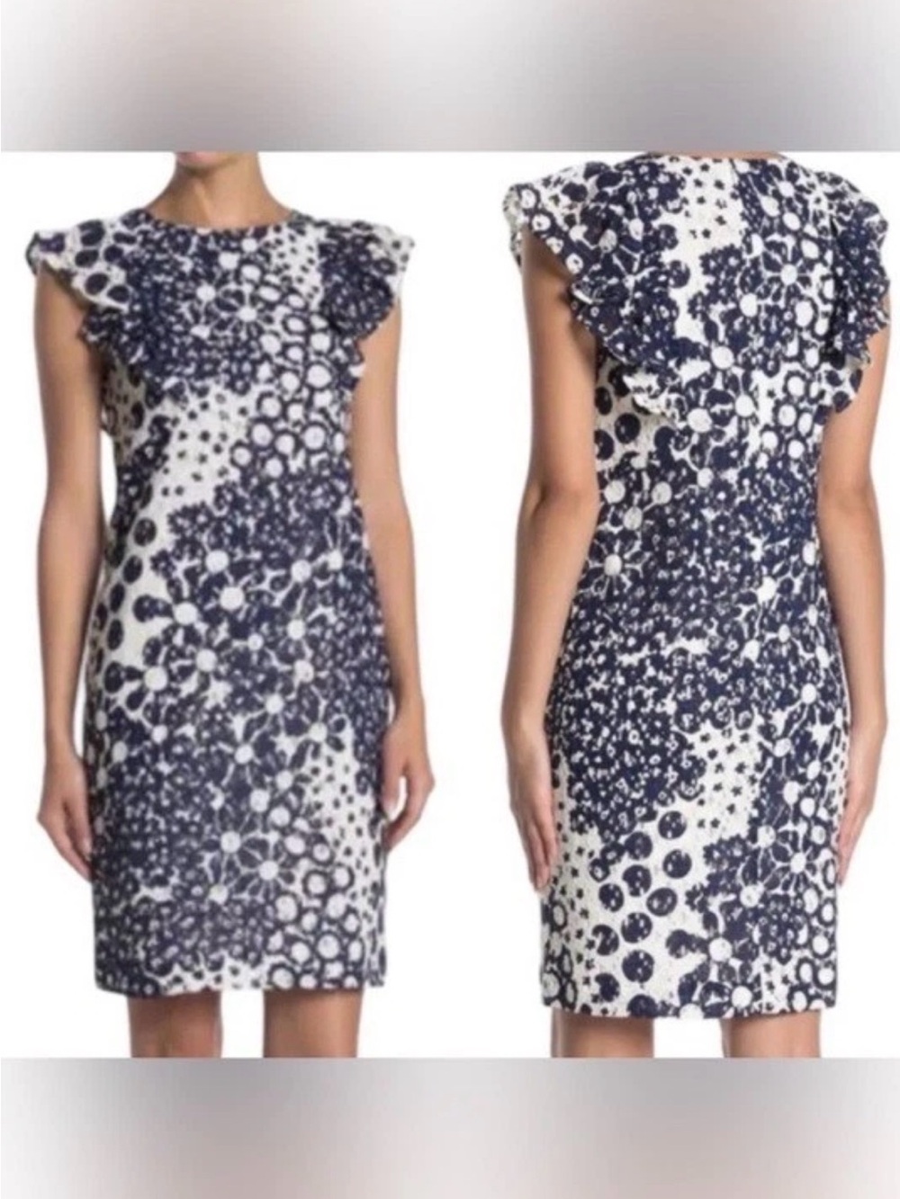 Trina Turk Navy White Energy Lace Ruffle Sleeve Dress Size 10 Elegant Sheath